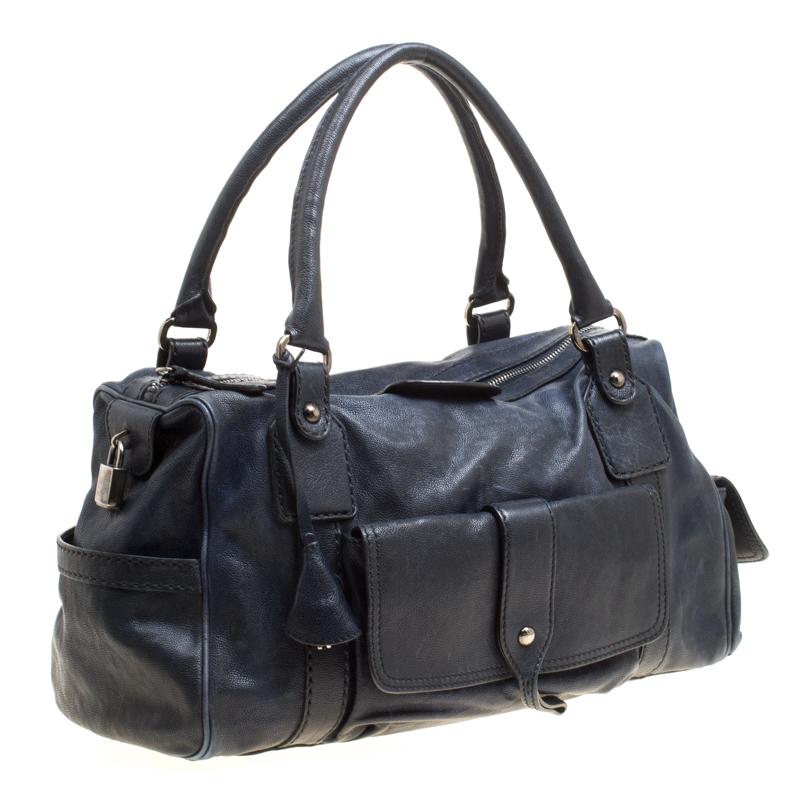 Tod's Dark Blue Leather Pockets Satchel In Good Condition In Dubai, Al Qouz 2