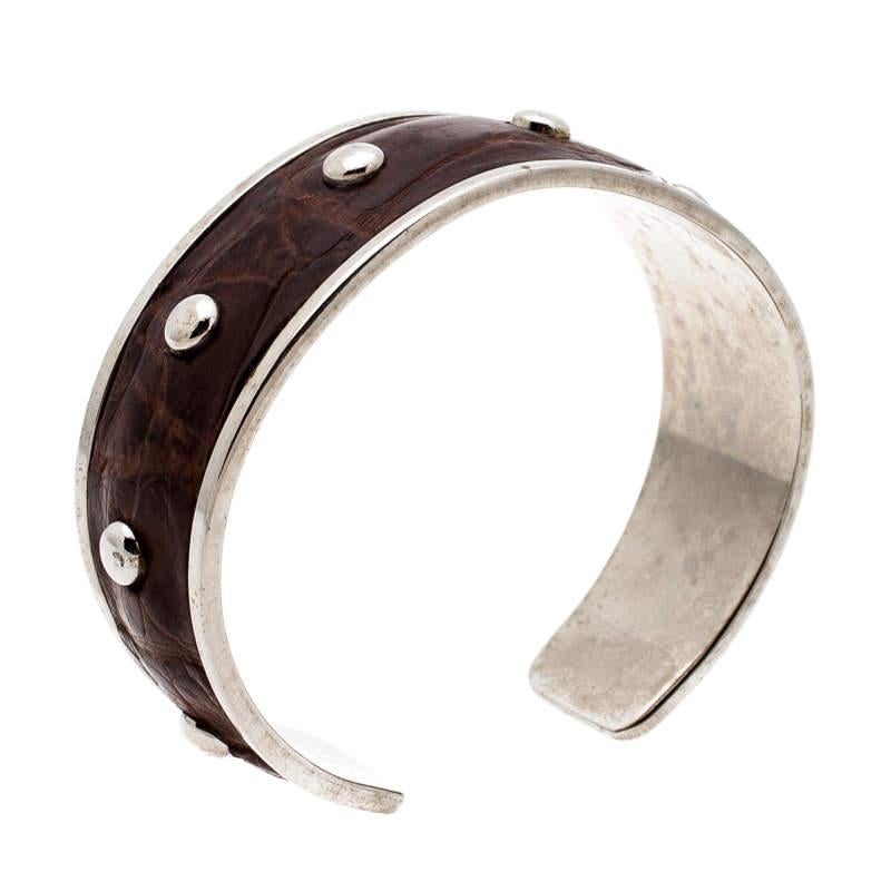 Aesthetic Movement Tod's Dark Brown Embossed Leather Studded Silver Tone Narrow Cuff Bracelet For Sale