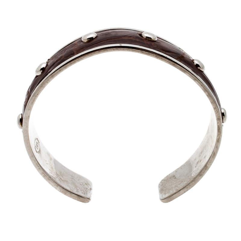 Women's Tod's Dark Brown Embossed Leather Studded Silver Tone Narrow Cuff Bracelet For Sale