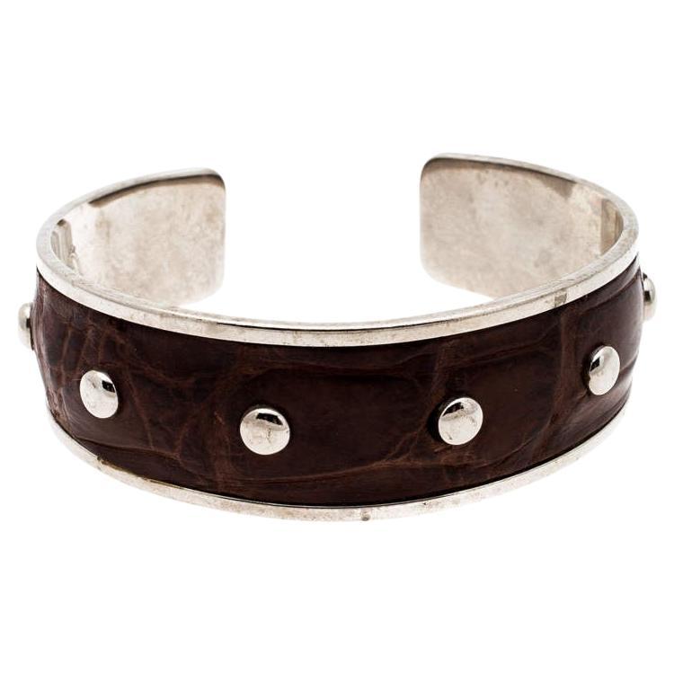 Tod's Dark Brown Embossed Leather Studded Silver Tone Narrow Cuff Bracelet For Sale