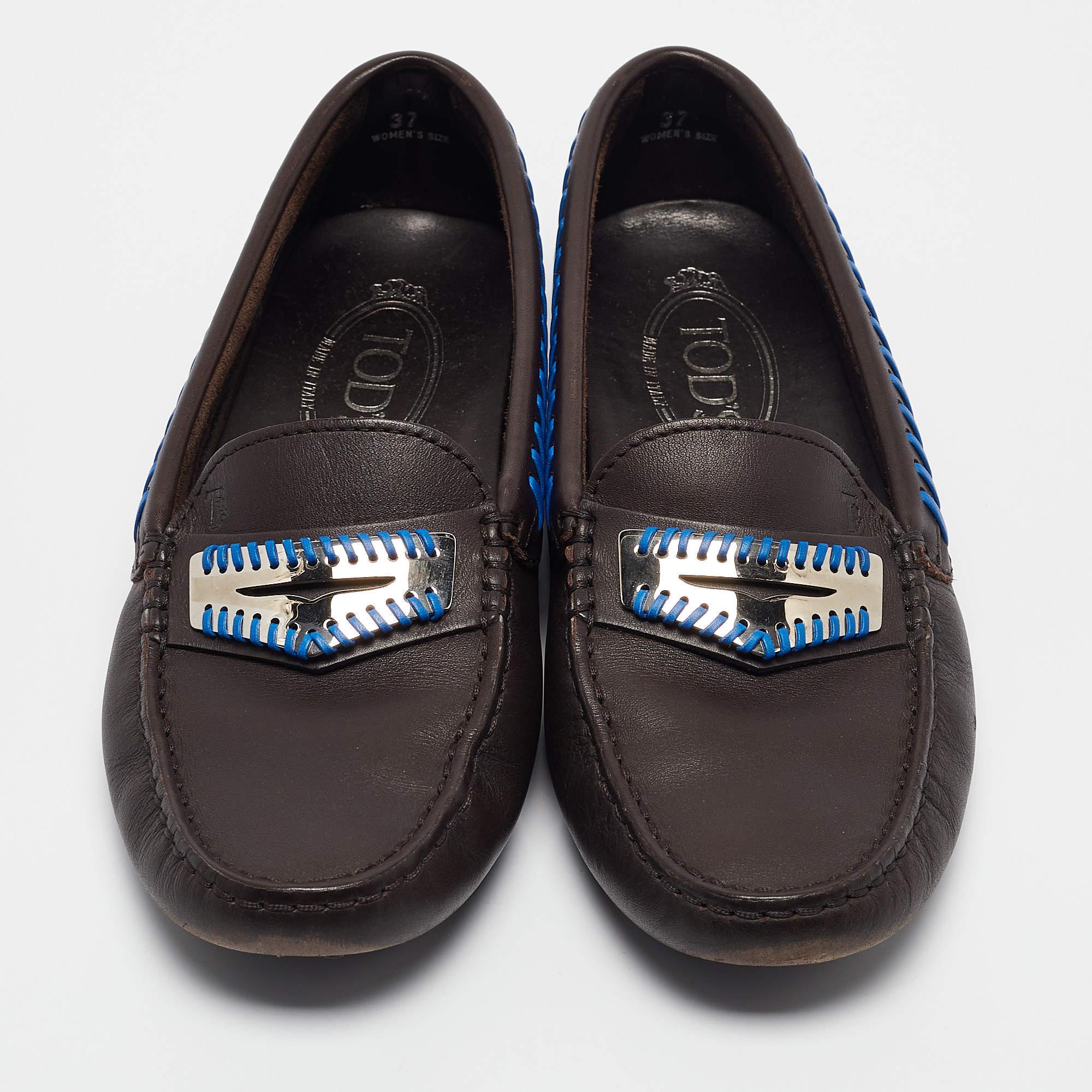 Black Tod's Dark Brown Leather Whip Stitch Trim Detail Penny Loafers Size 37 For Sale