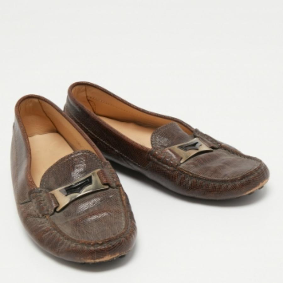 Tod's Dunkelbraun Eidechse geprägte Leder Driver Loafers Größe 37.5 im Zustand „Gut“ im Angebot in Dubai, Al Qouz 2