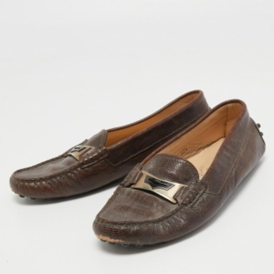 Tod's Dunkelbraun Eidechse geprägte Leder Driver Loafers Größe 37.5 im Angebot 3