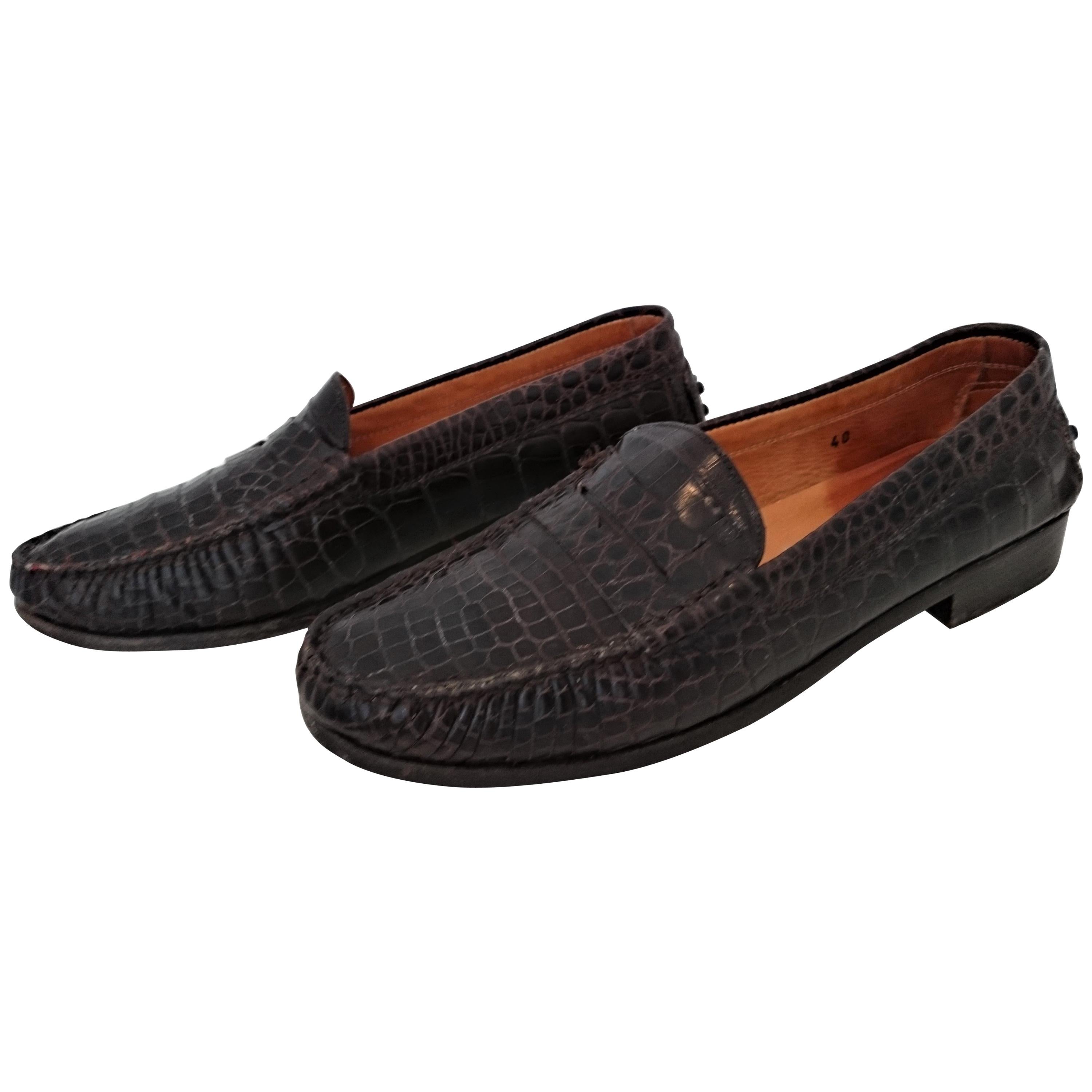  Tod's Dark Brown Mocassins in Wild Crocodile Leather. Size 40 For Sale