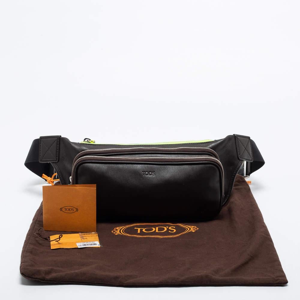 Men's Tod's Dark Brown/Neon Green Leather Zip Waist Belt Bag