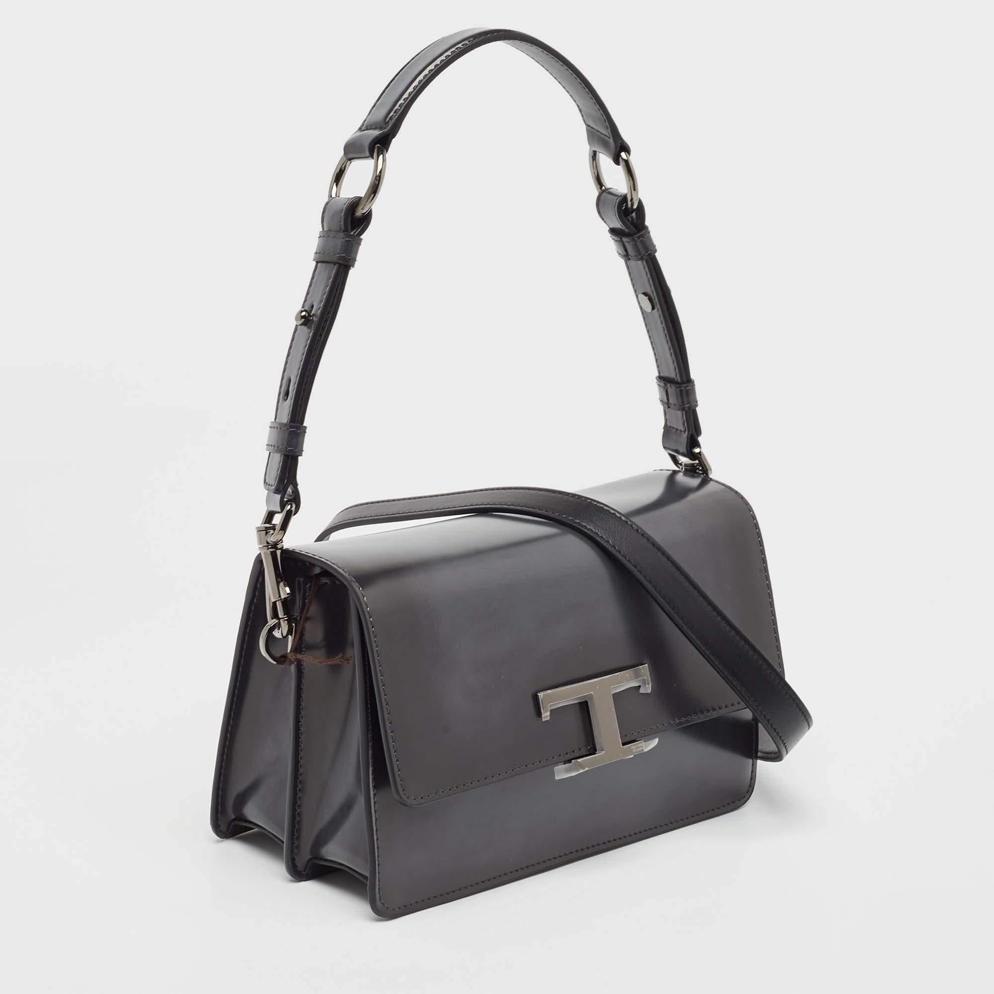 Black Tod's Dark Grey Leather Mini T Timeless Shoulder Bag For Sale