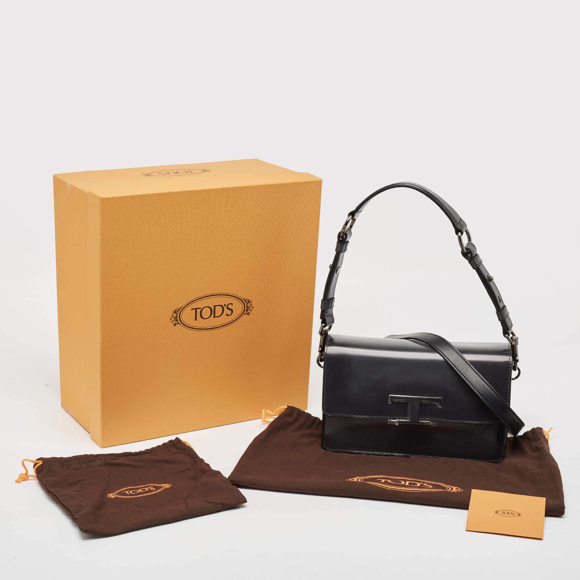 Tod's Dark Grey Leather Mini T Timeless Shoulder Bag For Sale 4