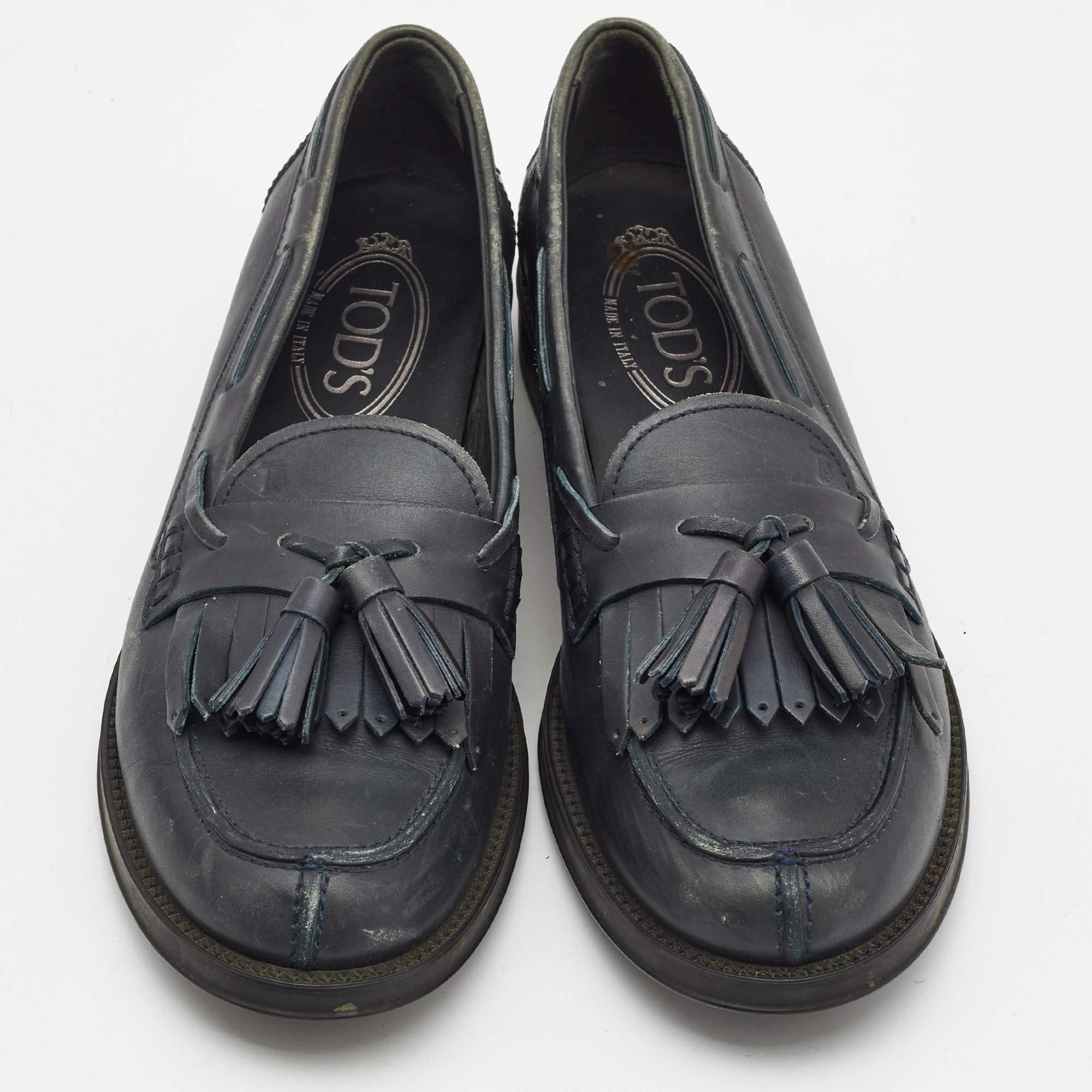 Black Tod's Dark Grey Leather Tassel Bow Fringe Detail Loafers Size 37.5 For Sale
