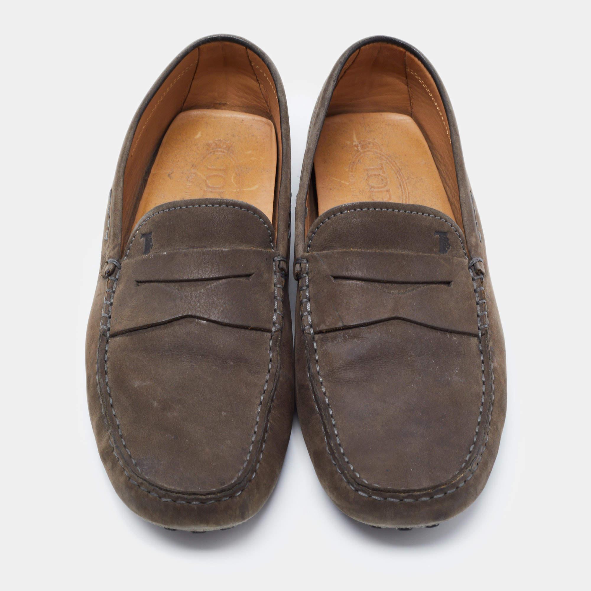 Black Tod's Dark Grey Nubuck Leather Gommini Loafers Size 42 For Sale