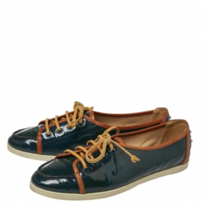 Black Tod's Deep Green Patent Leather Lace Up Sneakers Size 38.5 For Sale