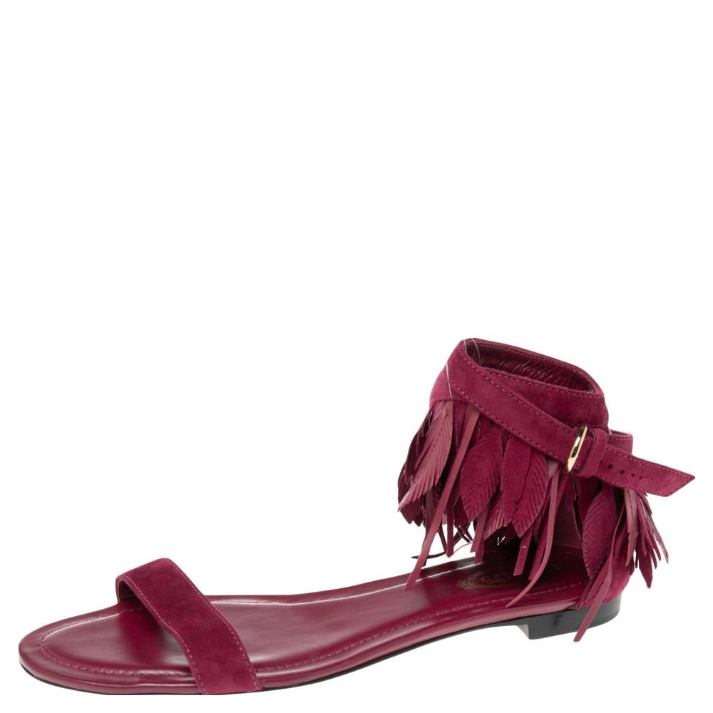 Brown Tod's Deep Magenta Suede Leaves Fringe Ankle-Strap Flat Sandals Size 38.5