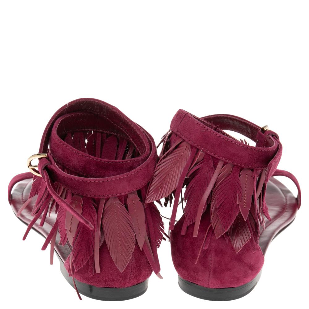 Tod's Deep Magenta Suede Leaves Fringe Ankle-Strap Flat Sandals Size 38.5 1