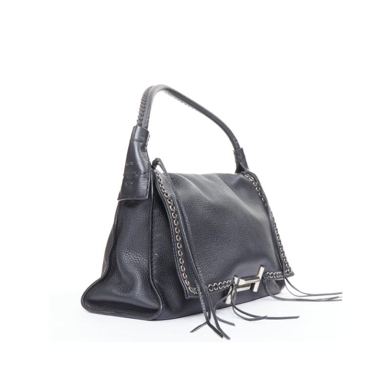 Noir TOD'S Double Double T black calfskin grommet weave fringe shoulder hobo bag en vente