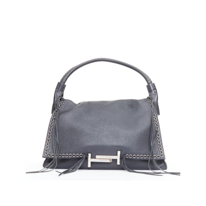 TOD
S Double Double T black calfskin grommet weave fringe shoulder hobo bag