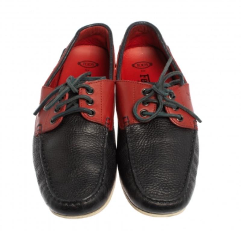 Black Tod's For Ferrari Navy Blue/Red Leather Lace Loafers Size 41 For Sale