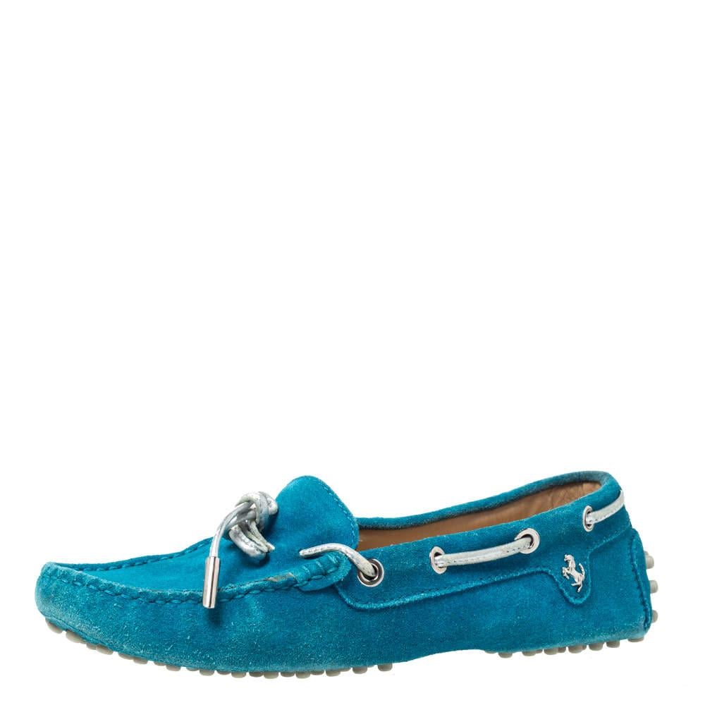 Tod's For Ferrari Teal Blue Suede Bow Loafers Size 35.5 3