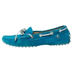 Tod's For Ferrari Teal Blue Suede Bow Loafers Size 35.5