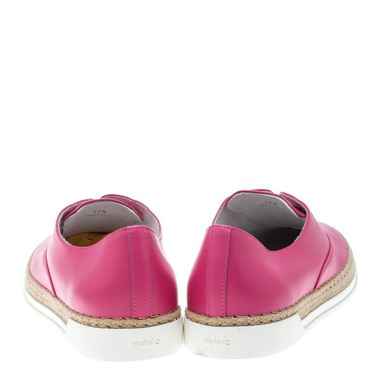Tod's Fuchsia Pink Leather Francesina Espadrille Slip On Sneakers Size 37.5 In New Condition In Dubai, Al Qouz 2