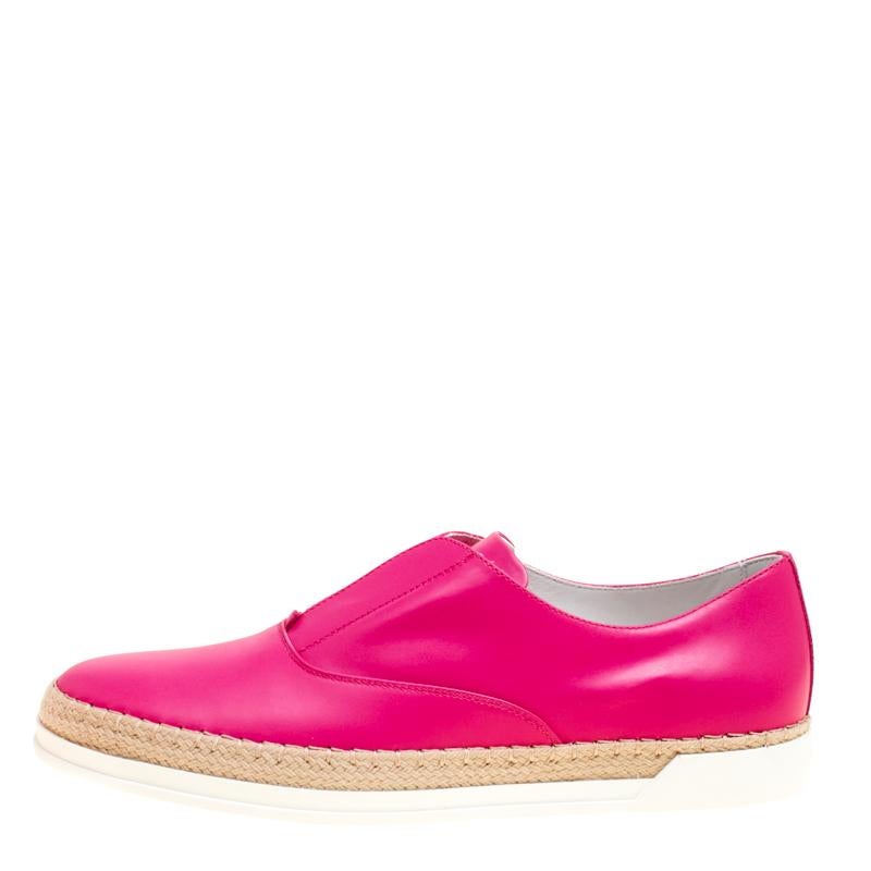Tod's Fuchsia Pink Leather Francesina Espadrille Slip On Sneakers Size 40 In New Condition In Dubai, Al Qouz 2