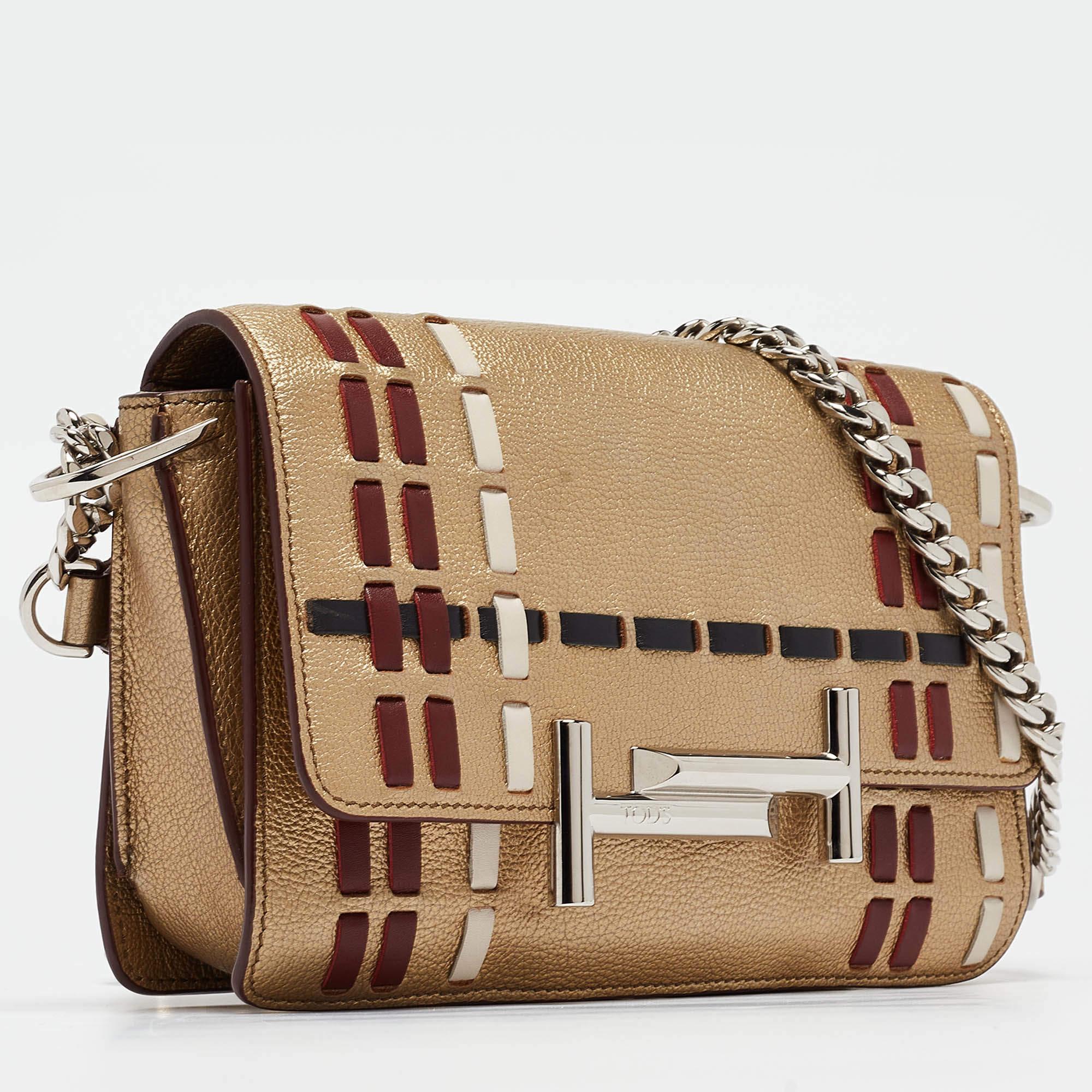 Brown Tod's Gold Leather Mini Double T Shoulder Bag For Sale