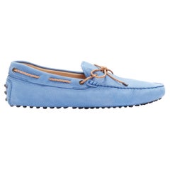 TOD'S Gommino blue grained leather brown woven tie driving shoes UK8 EU42
