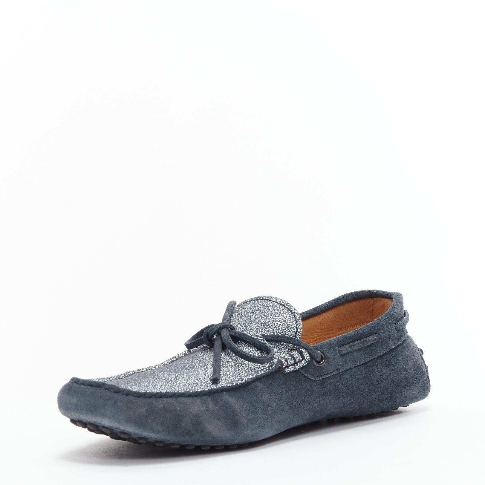 TOD'S Gommino navy suede white top dot sole driving loafers UK8 EU42 In Fair Condition For Sale In Hong Kong, NT