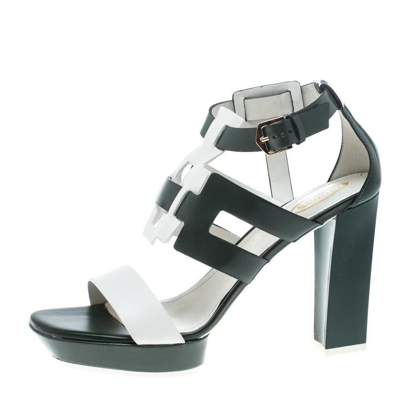 Tod's Green and White Leather Cutout Platform Sandals Size 39.5 In New Condition In Dubai, Al Qouz 2