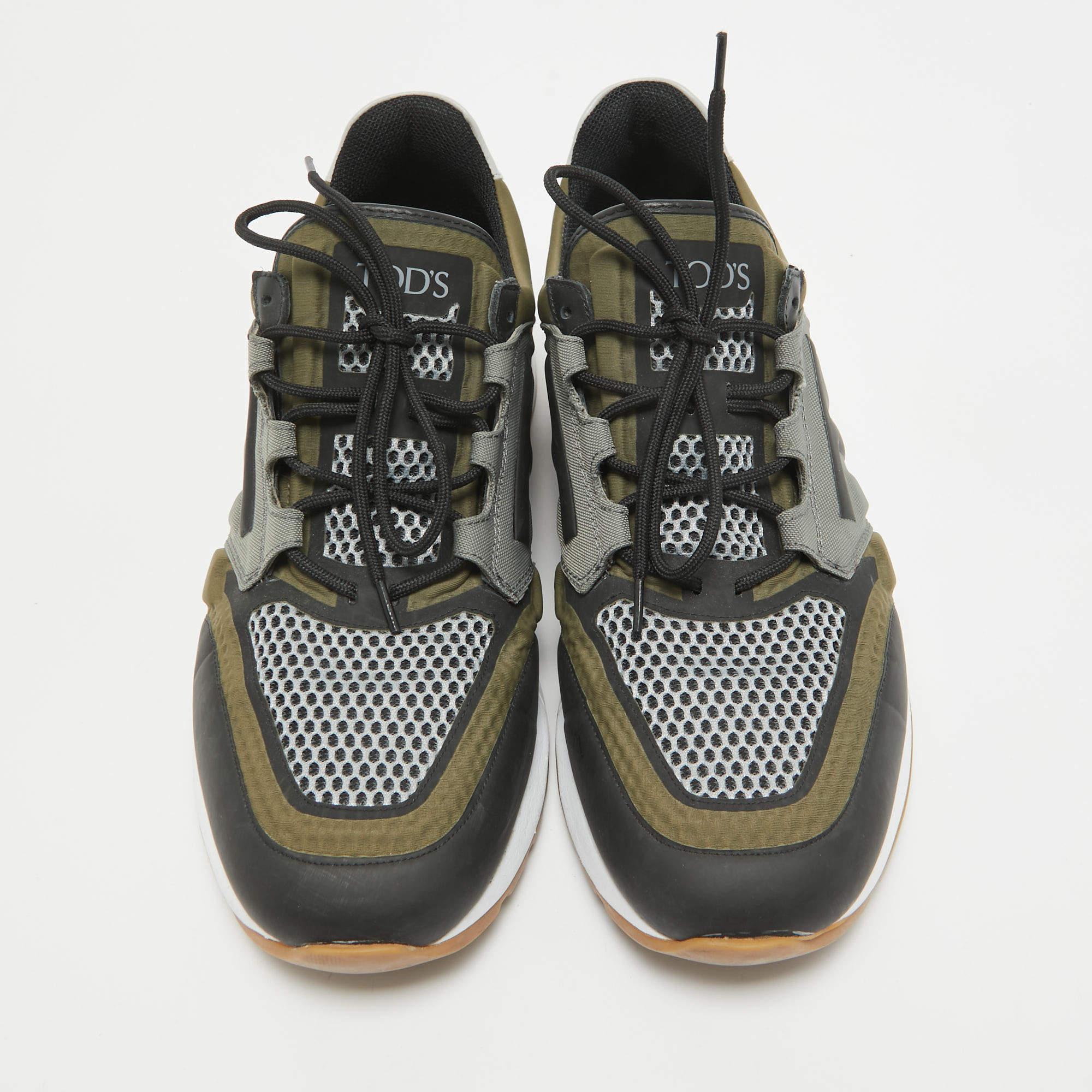 Gray Tod's Green/Grey Canvas and Leather Low Top Sneakers Size 42.5 For Sale