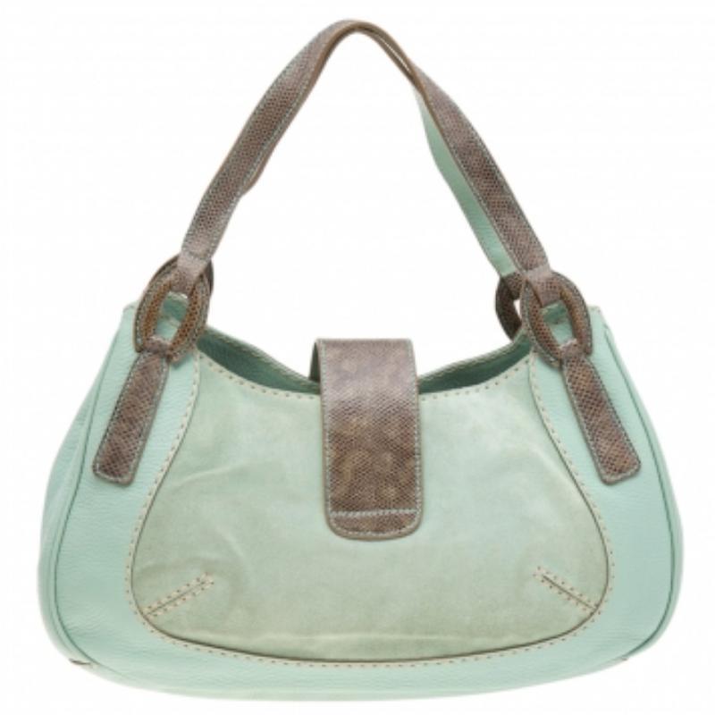 Tod's Hobo aus grünem/grauem Wildleder und Eidechse im Angebot 5