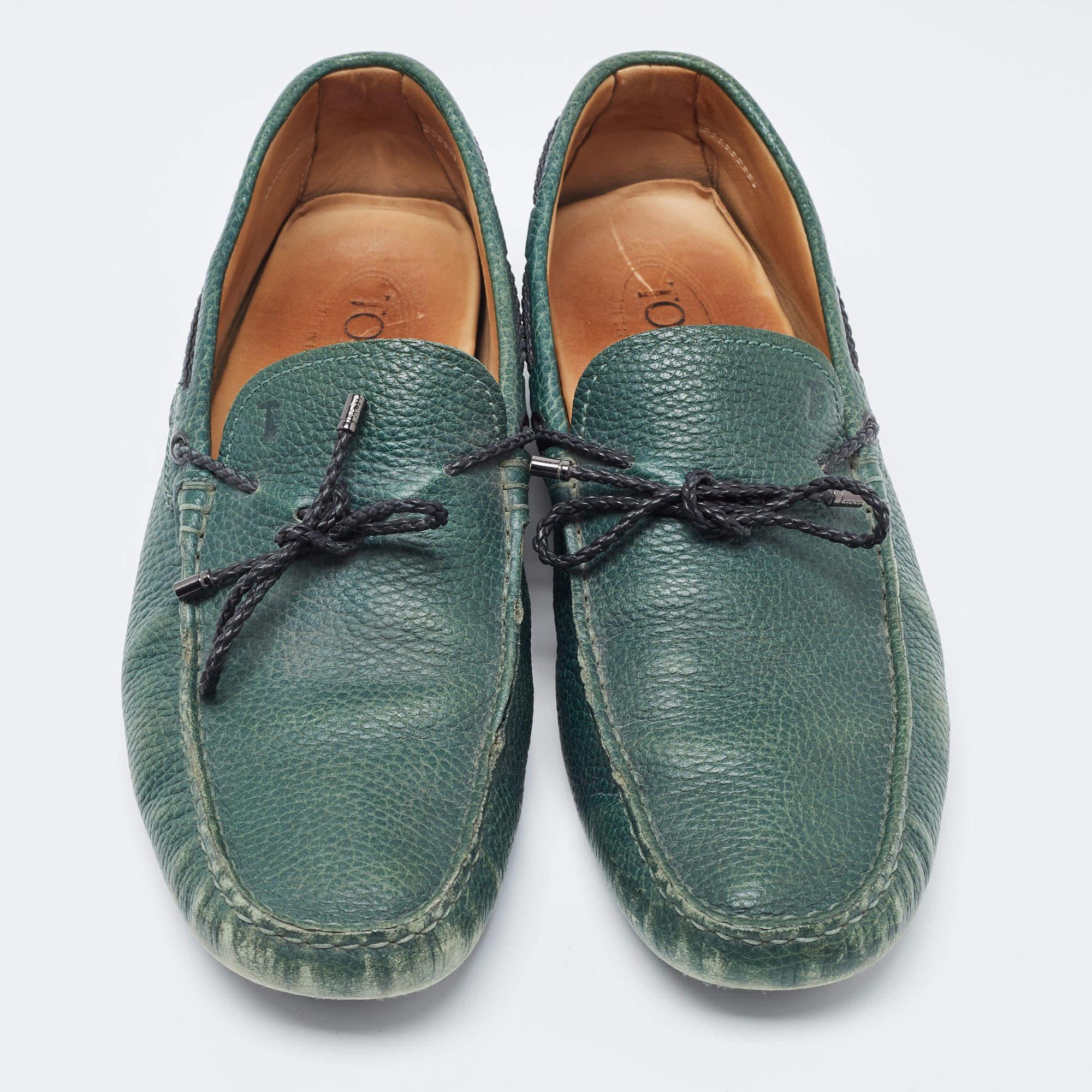 Gray Tod's Green Leather Bow Loafers Size 42.5 For Sale