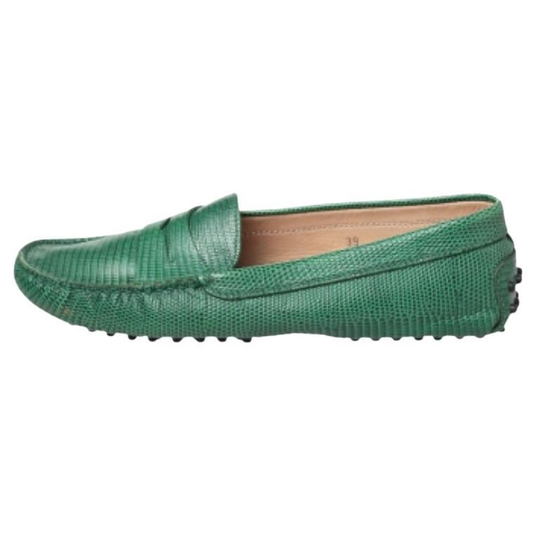 Tod
s Green Lizard Embossed Leather Penny Slip On Loafers Size 39