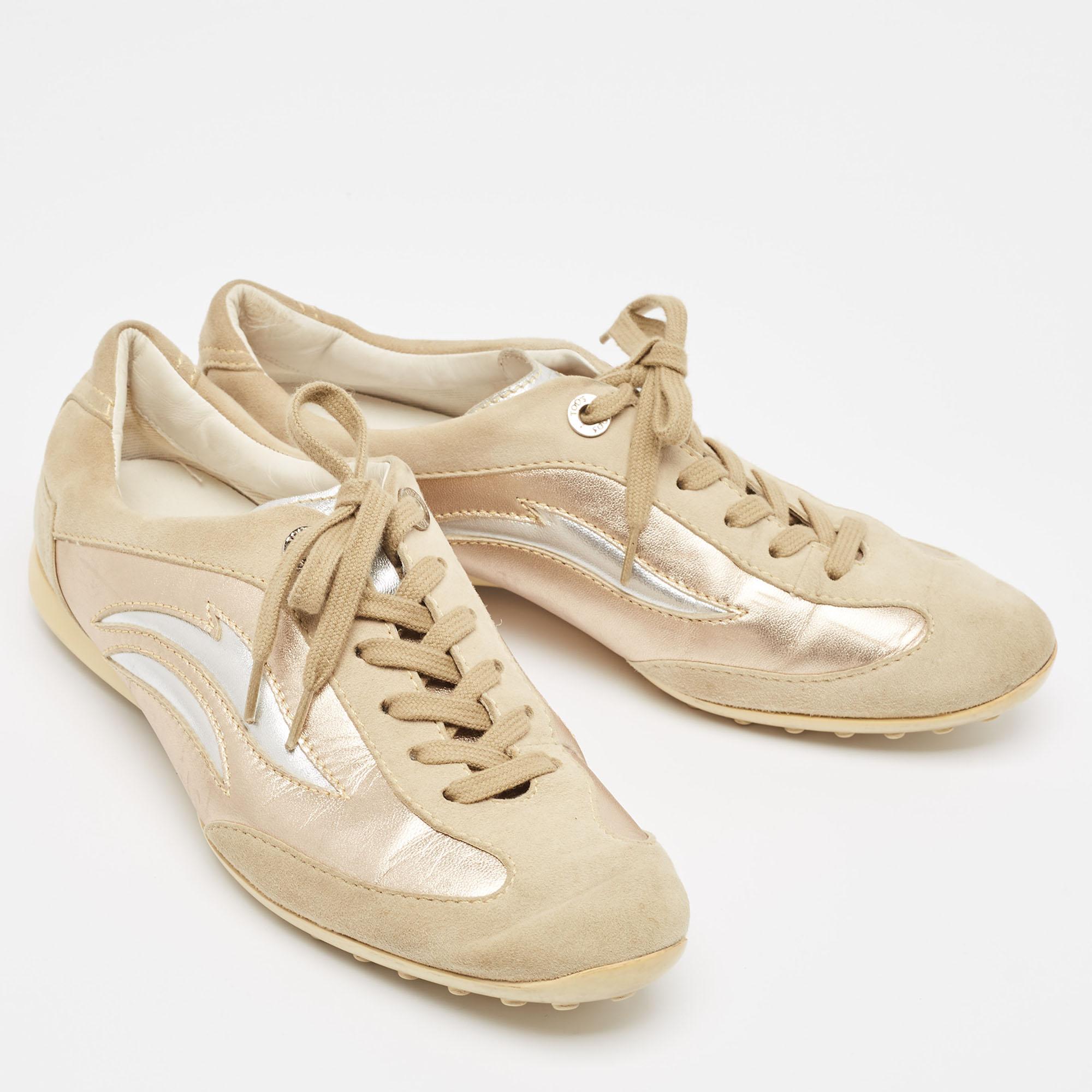 Women's Tod's Grey/Beige Suede and Leather Low Top Sneakers Size 37.5 For Sale
