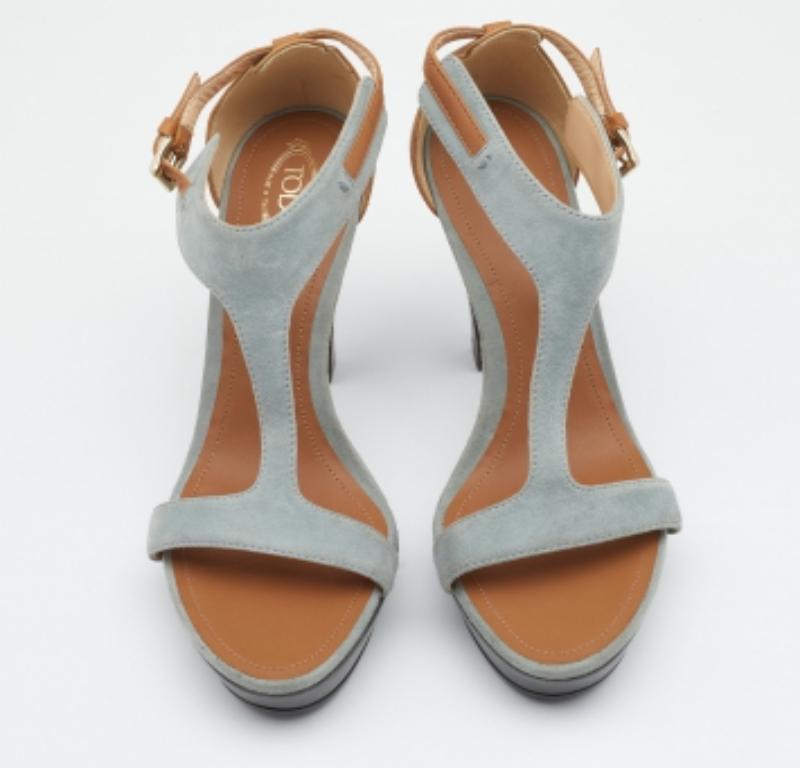 Gray Tod's Grey/Beige Suede And Leather T-Strap Platform Sandals Size 40
