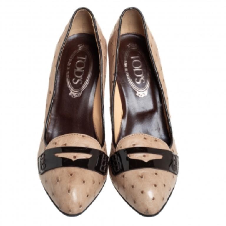 Tod's Grey/Brown Ostrich Leather And Patent Leather Loafer Pumps Size 37.5 For Sale 1