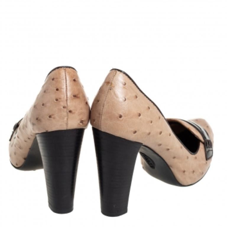 Tod's Grey/Brown Ostrich Leather And Patent Leather Loafer Pumps Size 37.5 For Sale 2