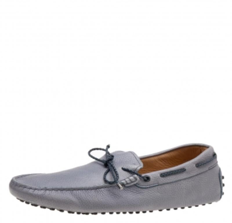 Men's Tod's Grey/Navy Blue Leather Braided Bow Slip On Loafers Size 47 For Sale