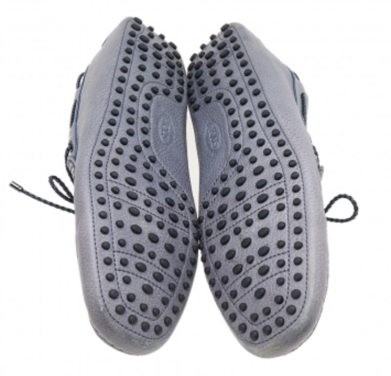 Tod's Grey/Navy Blue Leather Braided Bow Slip On Loafers Size 47 For Sale 3