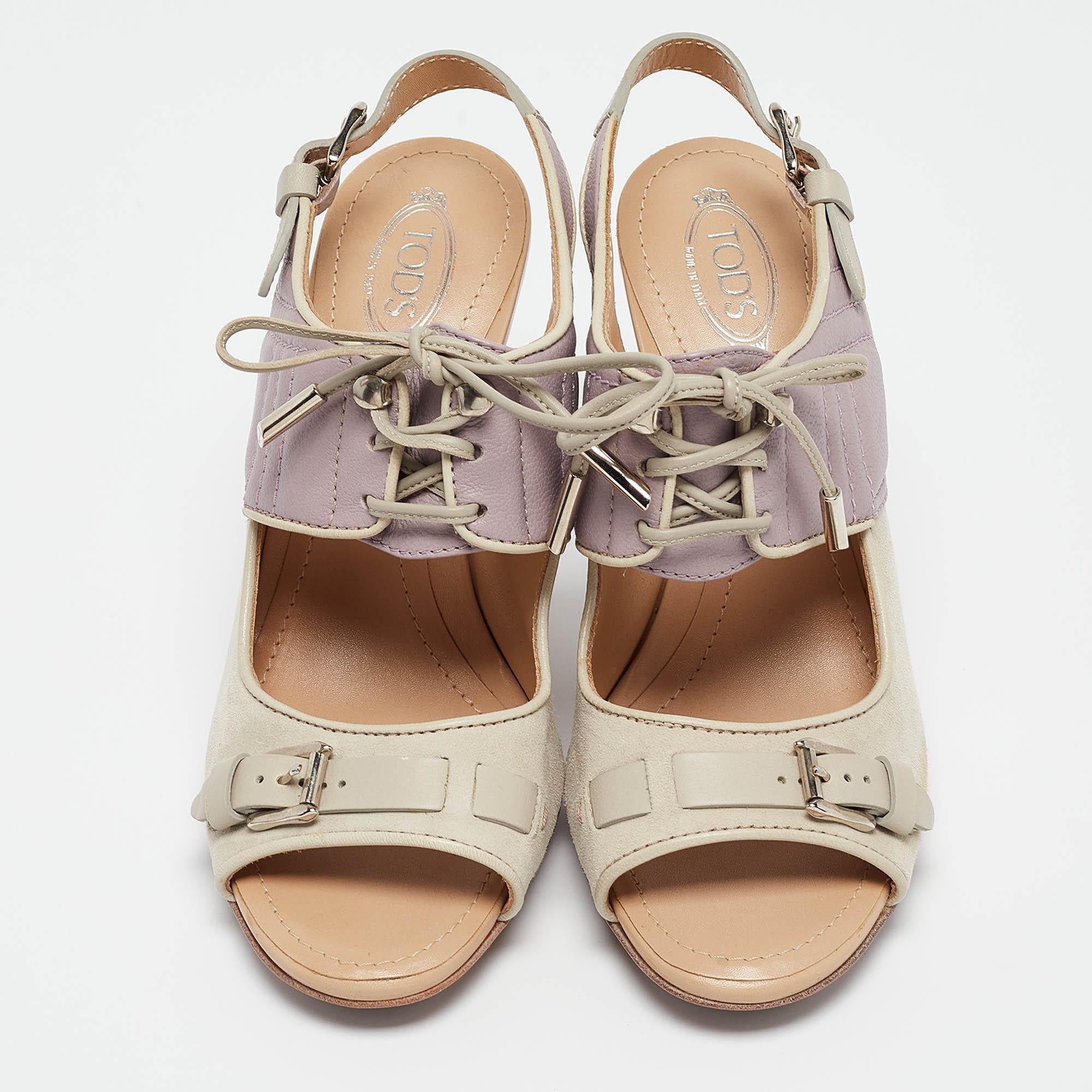 Brown Tods Grey/Purple Suede and Leather Ankle Strap Sandals Size 37 For Sale