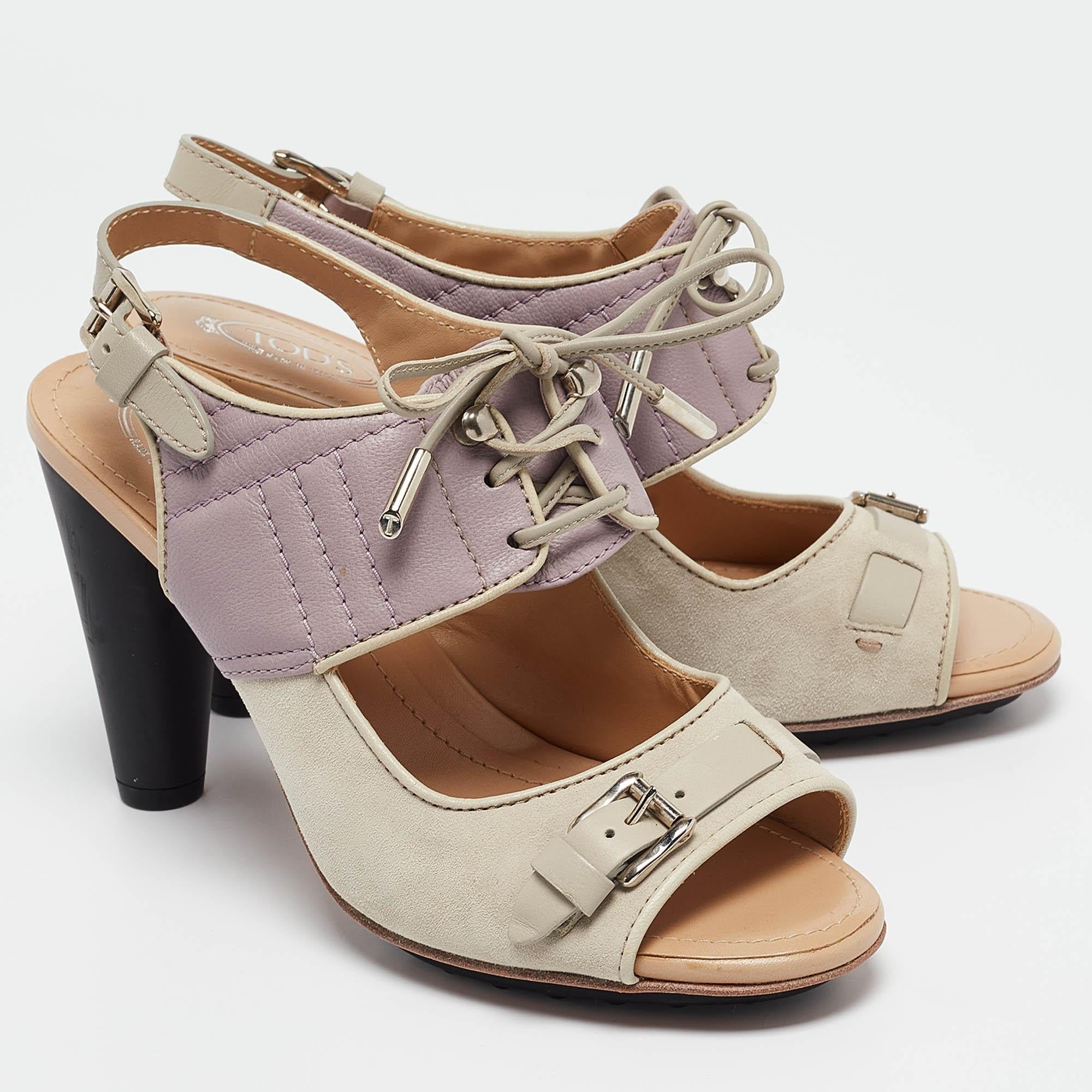 Tods Grey/Purple Suede and Leather Ankle Strap Sandals Size 37 In Good Condition For Sale In Dubai, Al Qouz 2