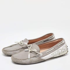 Tod's Grey/White Suede and Leather Bow Slip On Loafers Size 38
