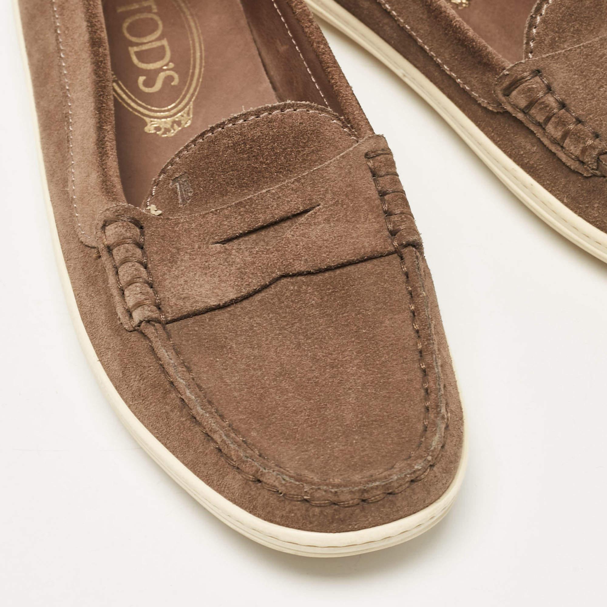 Tod's Khaki Brown Suede Penny Slip On Loafers Size 37.5 For Sale 4
