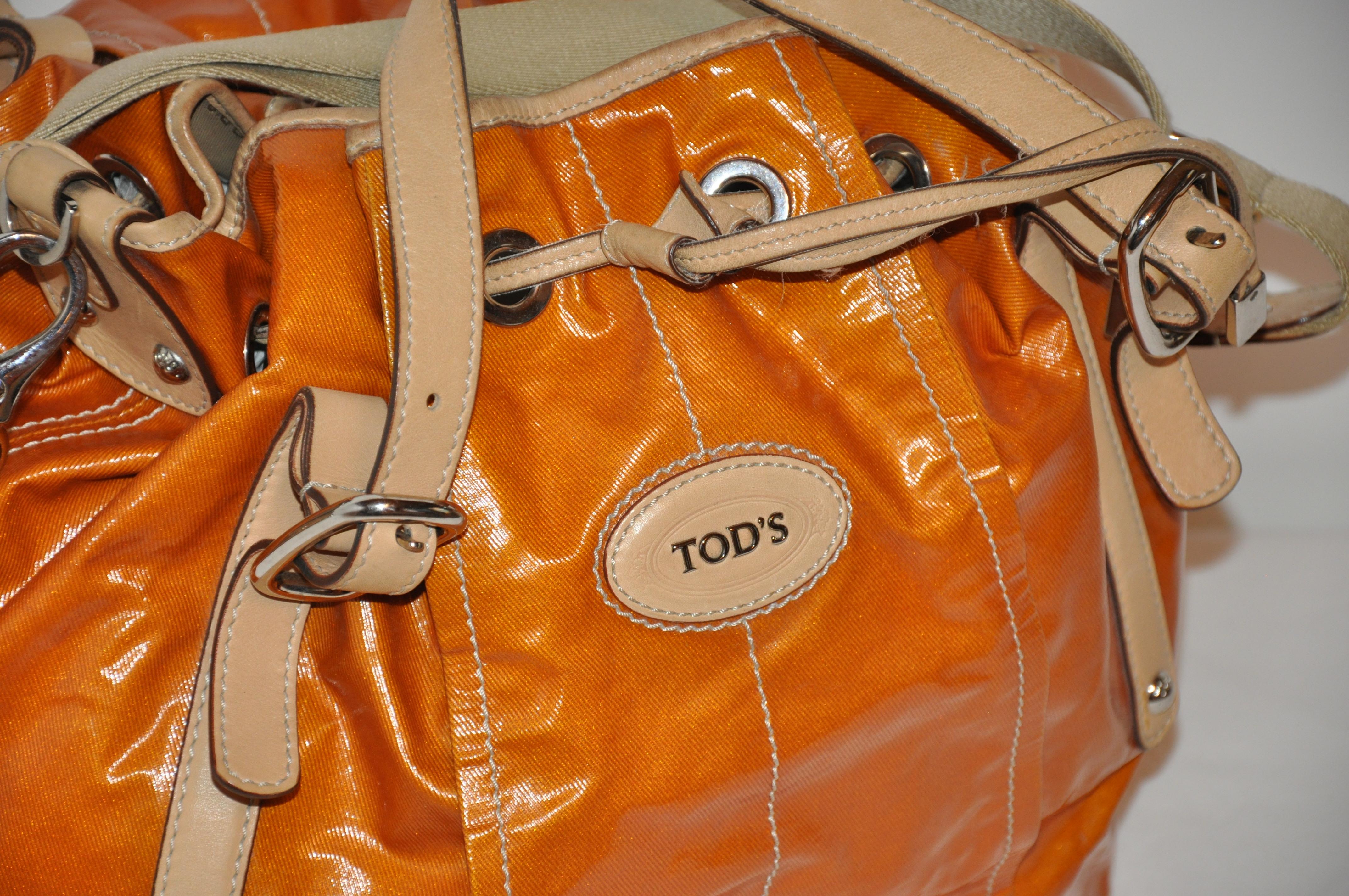 Tod's Large Warm Tangerine Lightweight Coated Canvas Drawstring Bag  For Sale 2