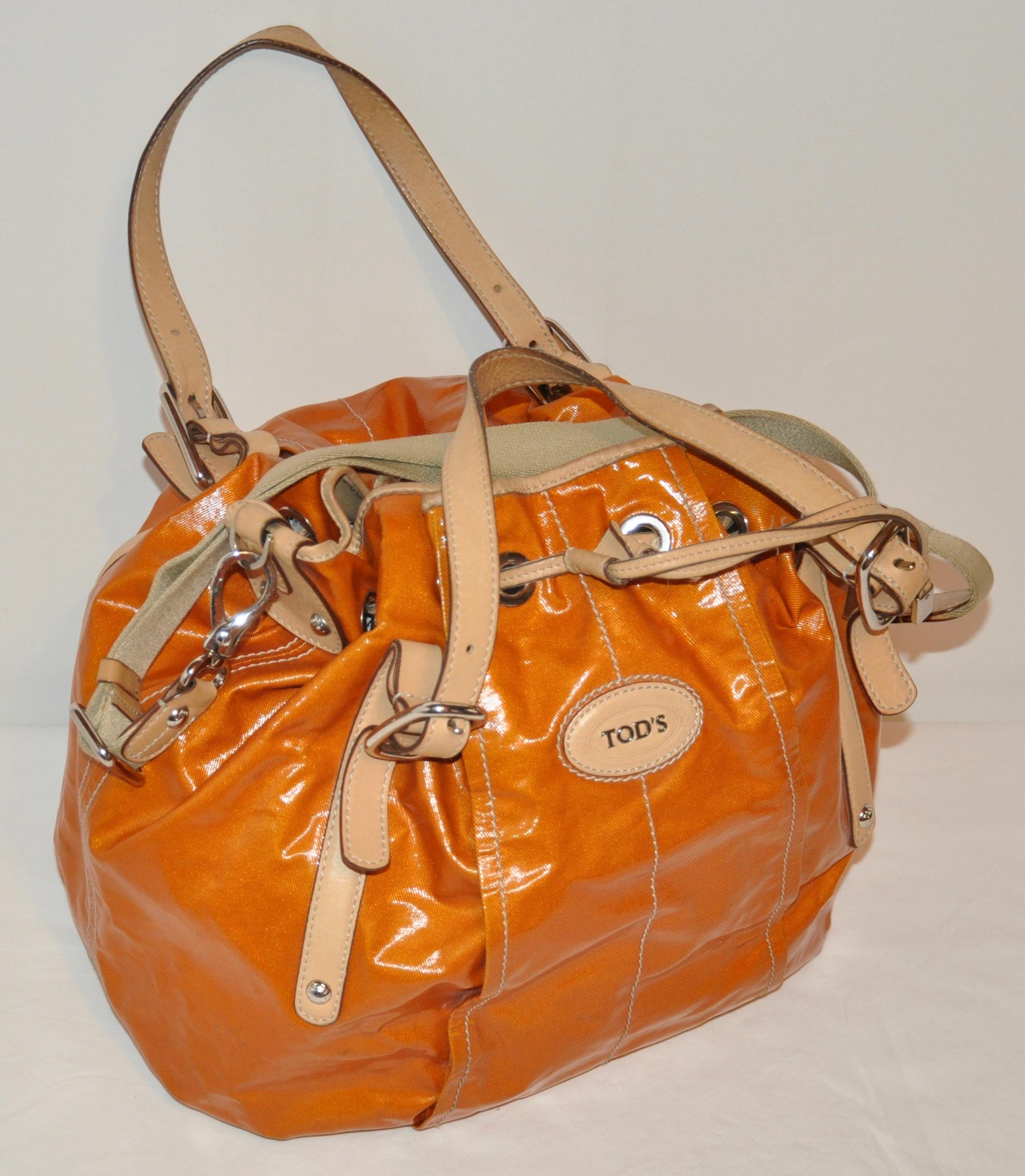 Tod's Large Warm Tangerine Lightweight Coated Canvas Drawstring Bag  For Sale 1