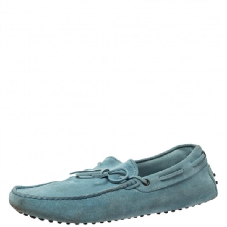 Men's Tod's Light Blue Suede Bow Slip On  Loafers Size 44.5 For Sale