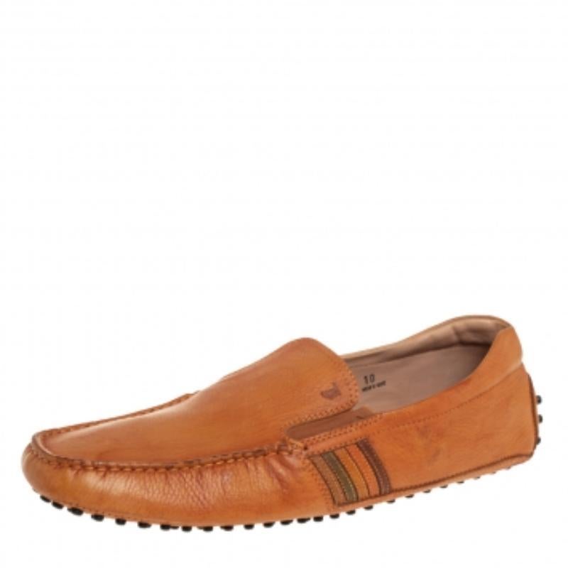Men's Tods Light Brown Leather Slip On Loafers Size 44.5 For Sale