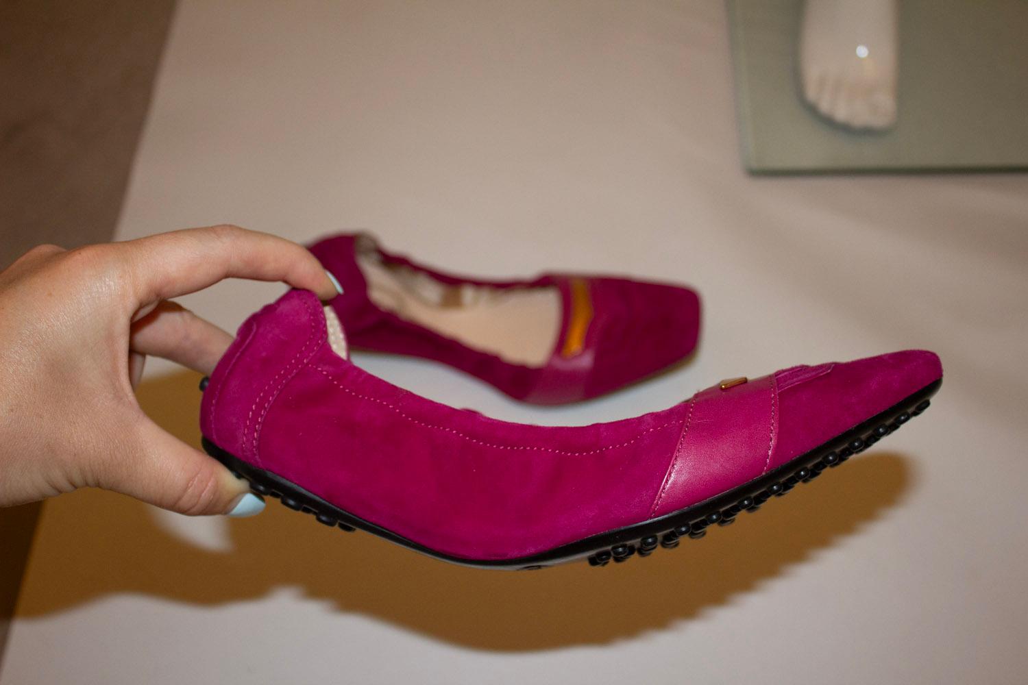 Red Tods Magenta Suede Folding Shoes For Sale