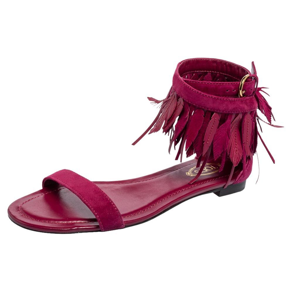 Tod's Magenta Suede Leaves Fringe Ankle-Strap Flat Sandals Size 37.5 at  1stDibs