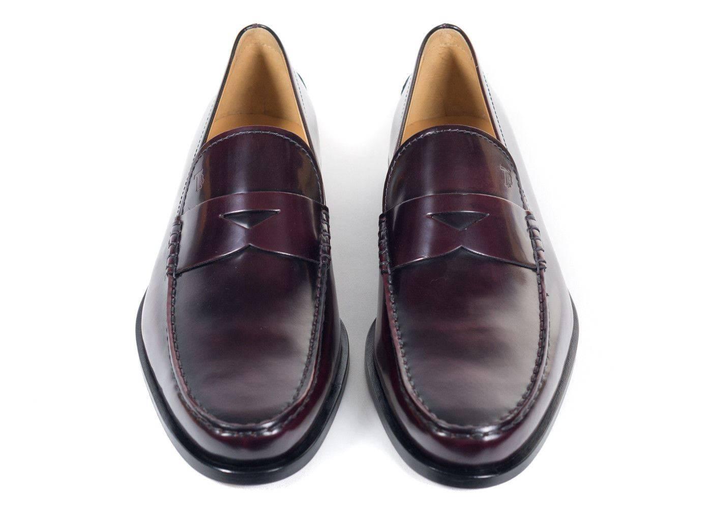 Black TOD'S Mens Burgundy Boston Polished Leather Penny Loafers