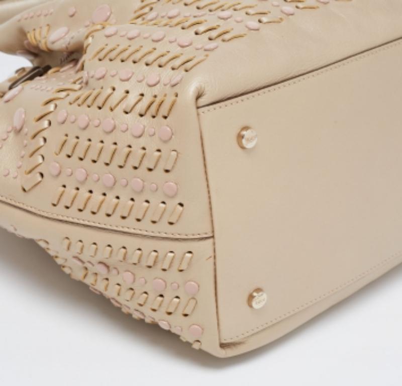 Tod's Metallic Beige Leather Small Studded Flower Tote For Sale 6