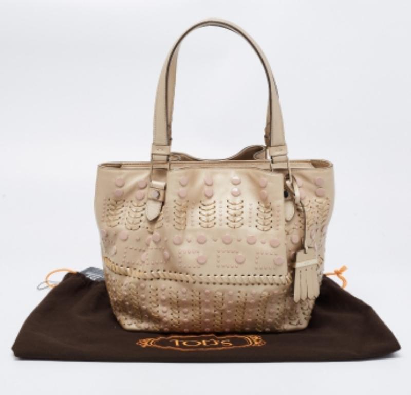 Women's Tod's Metallic Beige Leather Small Studded Flower Tote For Sale